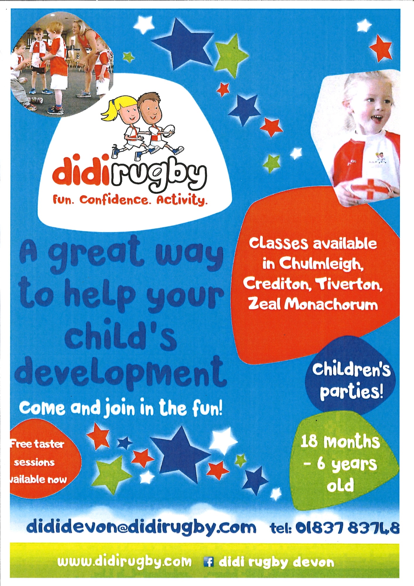 Didi Rugby. A great way to help your child's development. Class available in Chulmleigh, Crediton, Tiverton, Zeal Monachorum. 01837 83748